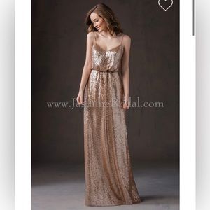 Belsoie Long V Neck Sequin Bridesmaid Dress with Spaghetti Straps Light Gold